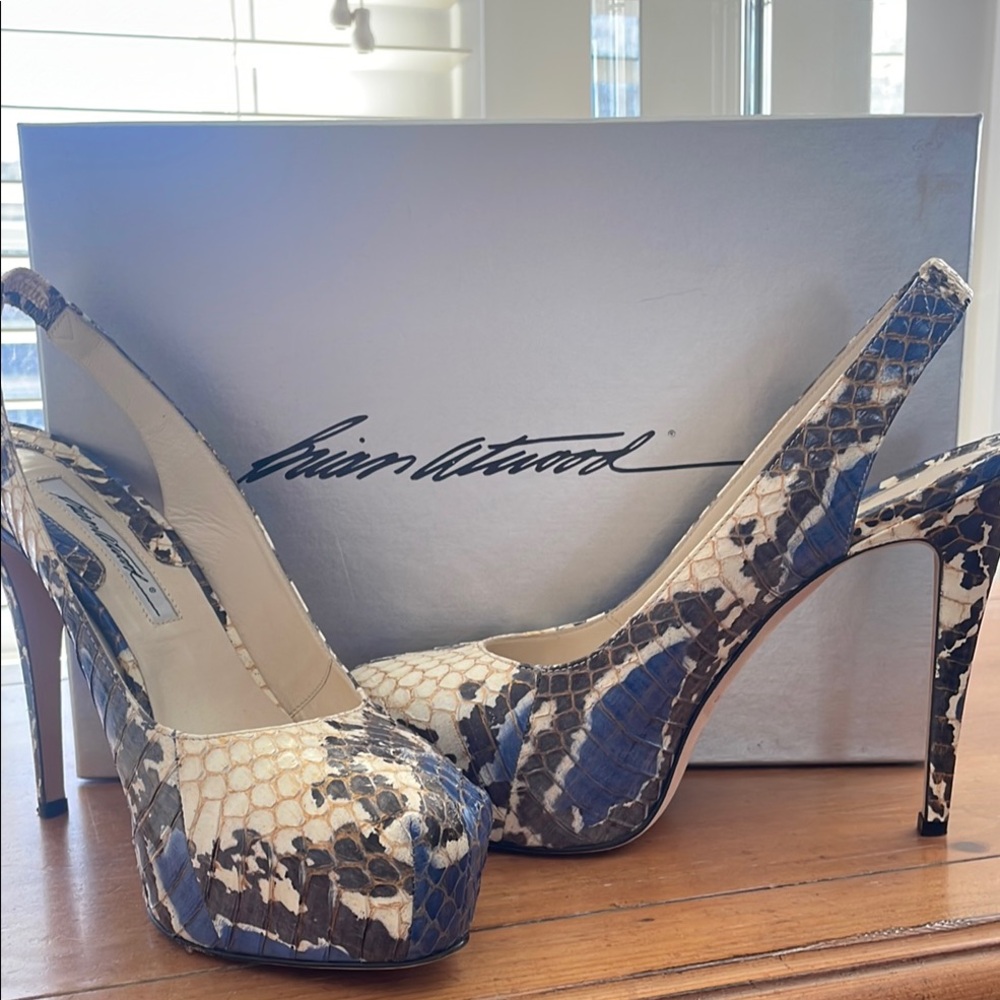 Brian Atwood Blue and Cream Python Women's Heels- size 39 EUC